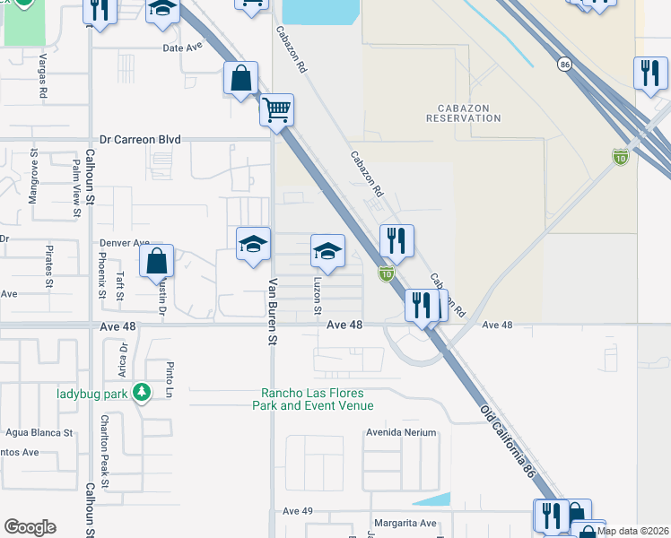 map of restaurants, bars, coffee shops, grocery stores, and more near 84165 Corregidor Avenue in Indio
