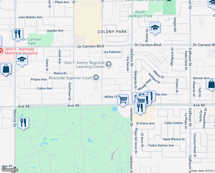map of restaurants, bars, coffee shops, grocery stores, and more near 82801 Wheatley Court in Indio