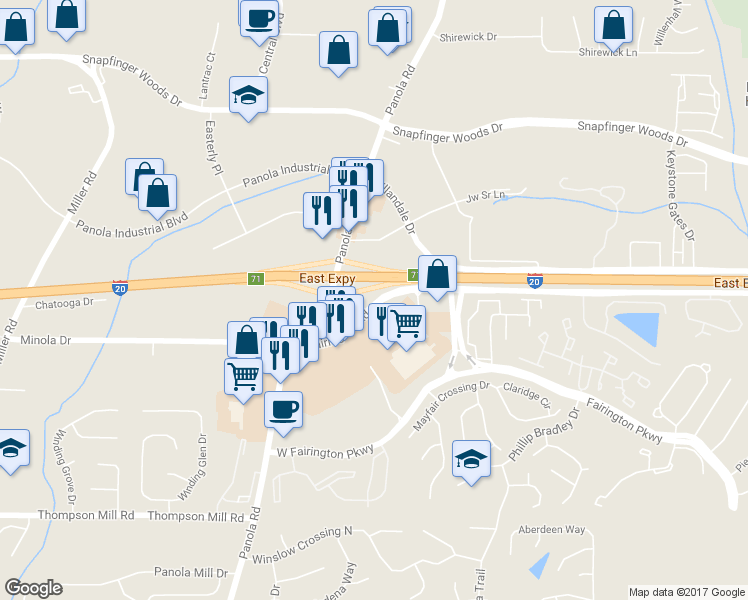 map of restaurants, bars, coffee shops, grocery stores, and more near 5415 Fairington Road in Lithonia