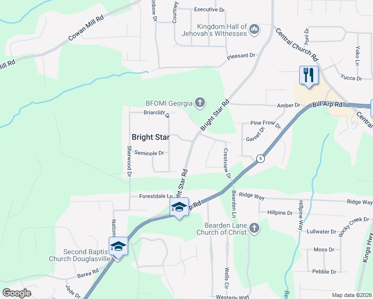 map of restaurants, bars, coffee shops, grocery stores, and more near 3841 Bright Star Road in Douglasville