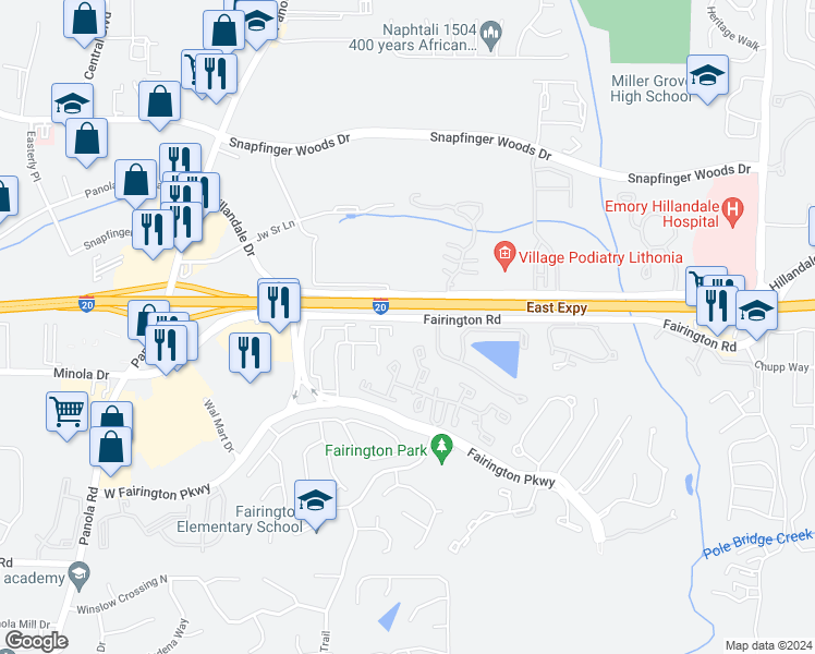 map of restaurants, bars, coffee shops, grocery stores, and more near 87 Place Fontaine in Lithonia