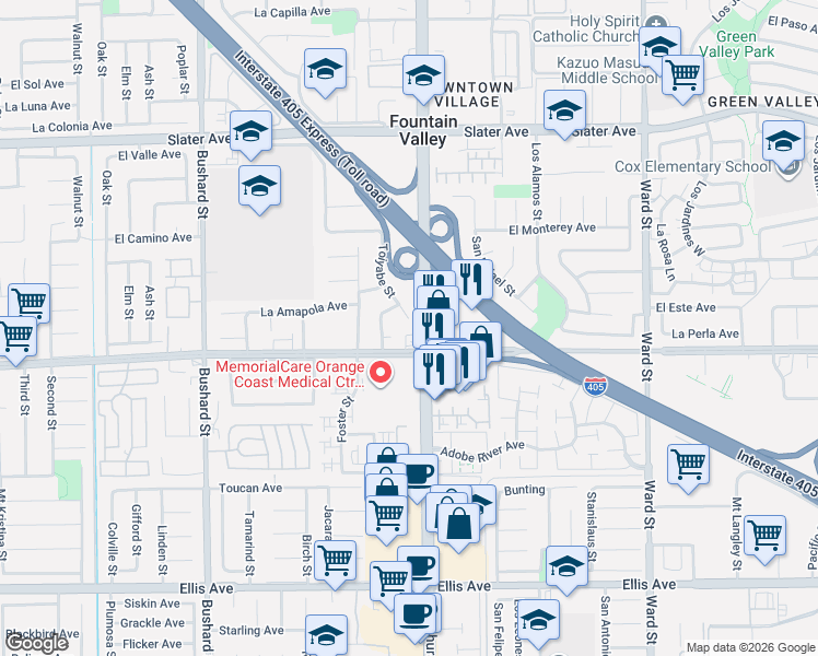 map of restaurants, bars, coffee shops, grocery stores, and more near 17933 Toiyabe Circle in Fountain Valley