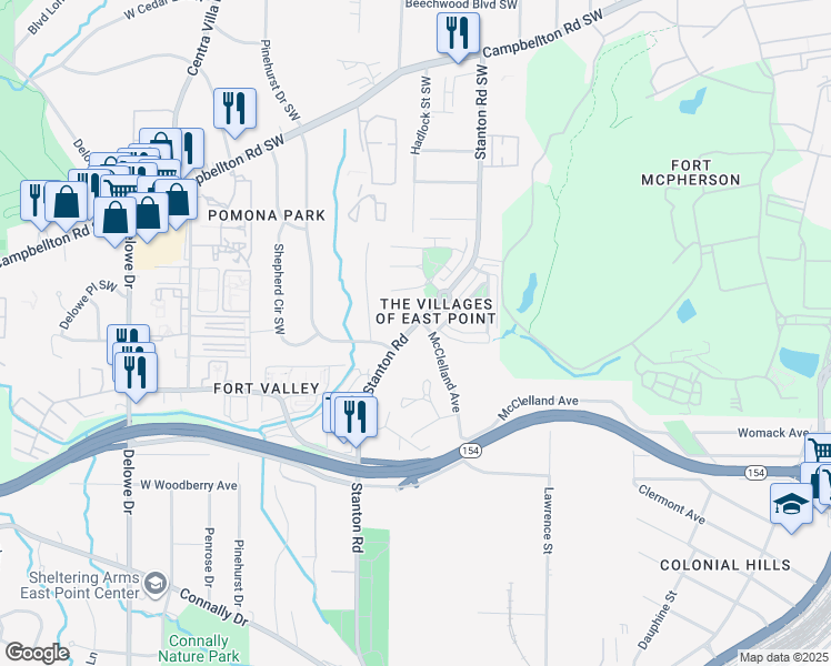 map of restaurants, bars, coffee shops, grocery stores, and more near 1932 Stanton Road in East Point