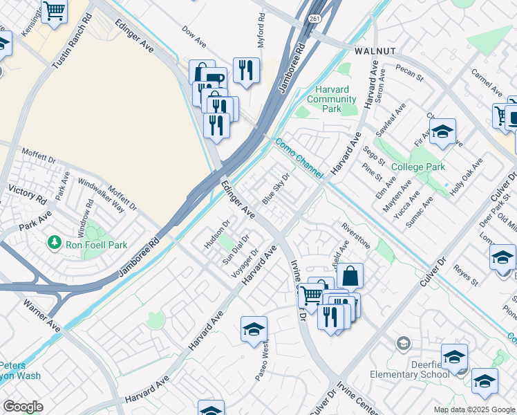 map of restaurants, bars, coffee shops, grocery stores, and more near 376 Aviator Lane South in Tustin
