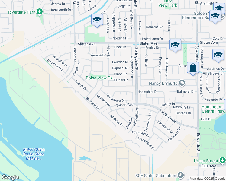 map of restaurants, bars, coffee shops, grocery stores, and more near 17881 Oldglen Lane in Huntington Beach