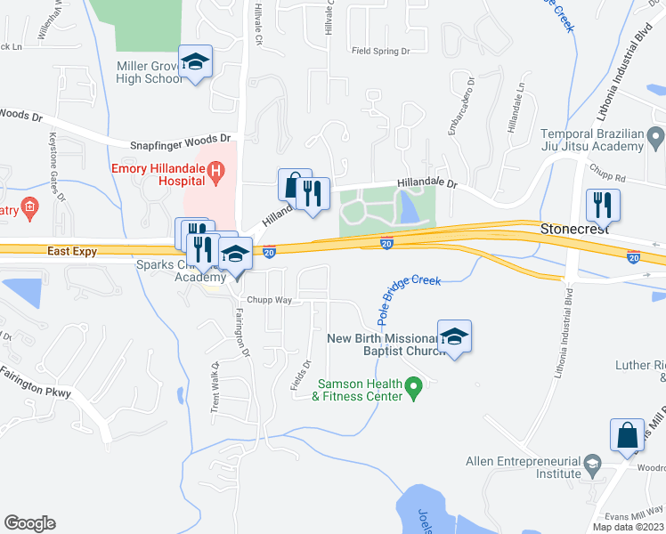 map of restaurants, bars, coffee shops, grocery stores, and more near 5035 Chupp Way Circle in Lithonia