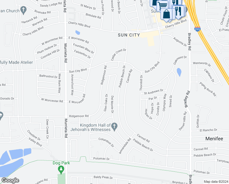 map of restaurants, bars, coffee shops, grocery stores, and more near 28822 Del Monte Drive in Menifee