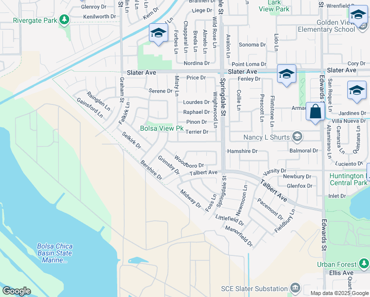 map of restaurants, bars, coffee shops, grocery stores, and more near 17881 Oldglen Lane in Huntington Beach