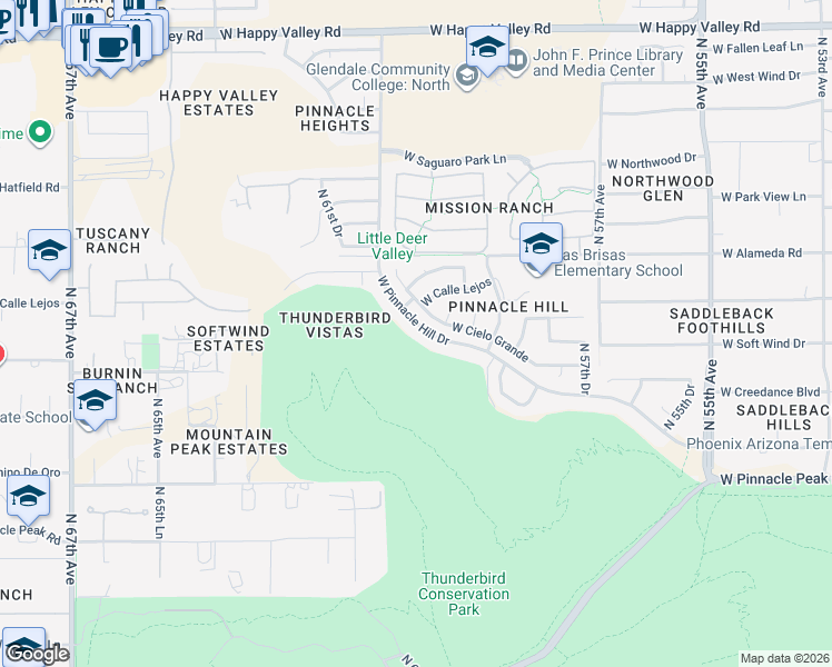 map of restaurants, bars, coffee shops, grocery stores, and more near 5949 West Pinnacle Hill Drive in Glendale