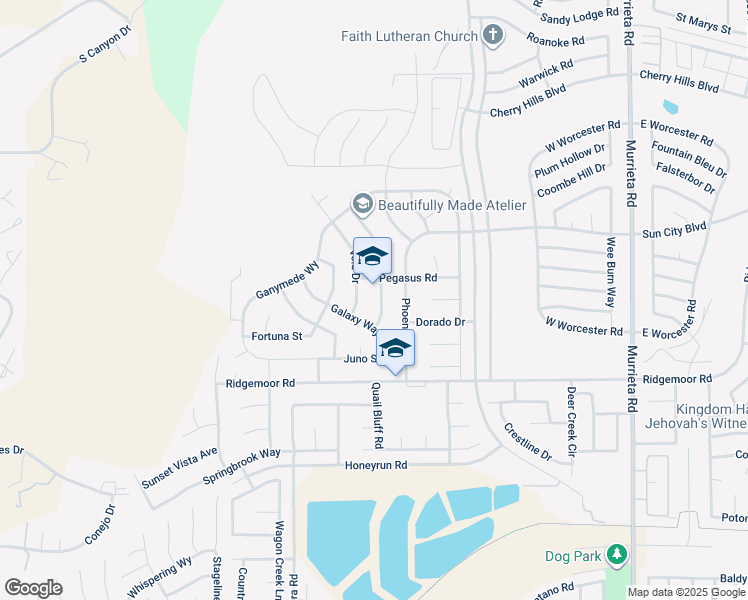map of restaurants, bars, coffee shops, grocery stores, and more near 28801 Eridanus Drive in Menifee