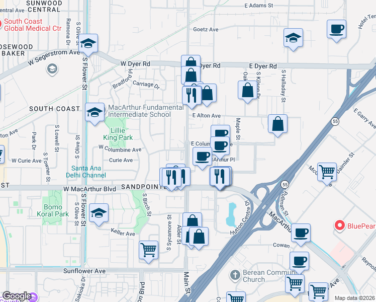 map of restaurants, bars, coffee shops, grocery stores, and more near in Santa Ana