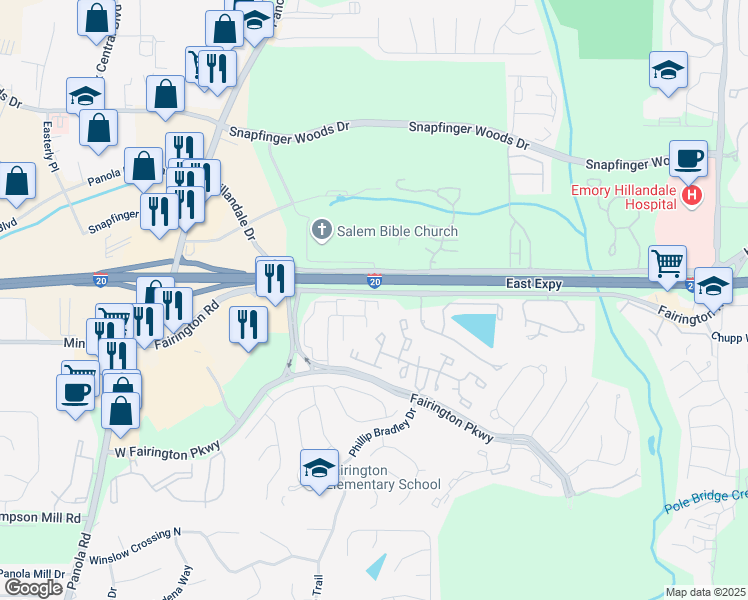 map of restaurants, bars, coffee shops, grocery stores, and more near 79 Place Fontaine in Stonecrest