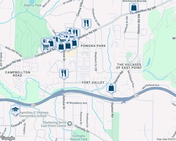 map of restaurants, bars, coffee shops, grocery stores, and more near 1890 Plaza Lane Southwest in Atlanta