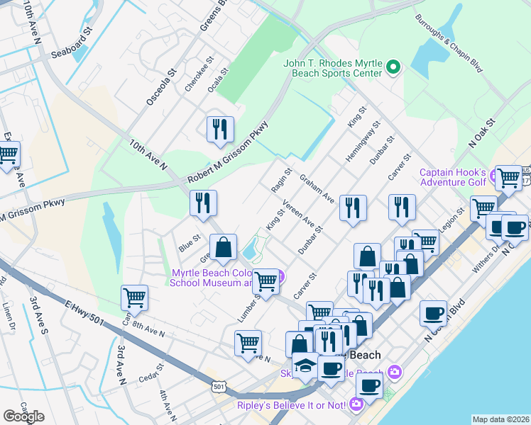 map of restaurants, bars, coffee shops, grocery stores, and more near 1101 King Street in Myrtle Beach