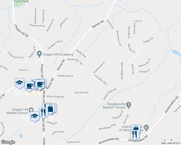 map of restaurants, bars, coffee shops, grocery stores, and more near 3829 Greenback Drive in Douglasville