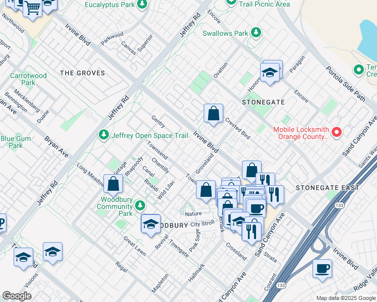 map of restaurants, bars, coffee shops, grocery stores, and more near 100 Simplicity in Irvine