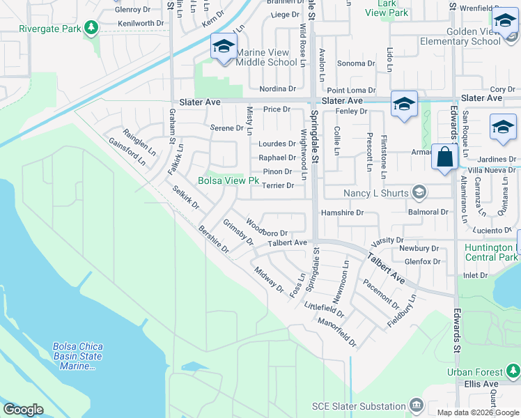 map of restaurants, bars, coffee shops, grocery stores, and more near 17941 Oldglen Lane in Huntington Beach