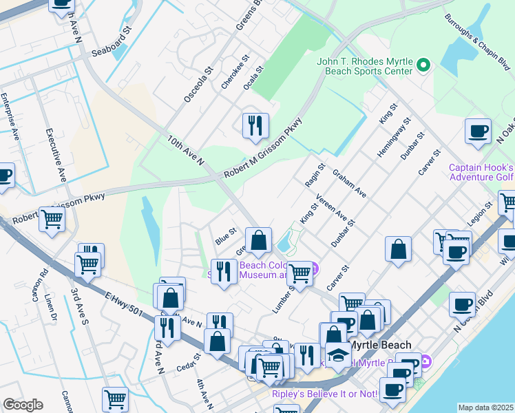 map of restaurants, bars, coffee shops, grocery stores, and more near 1405 Mr. Joe White Avenue in Myrtle Beach