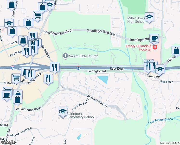 map of restaurants, bars, coffee shops, grocery stores, and more near 100 Walden Brook Drive in Stonecrest