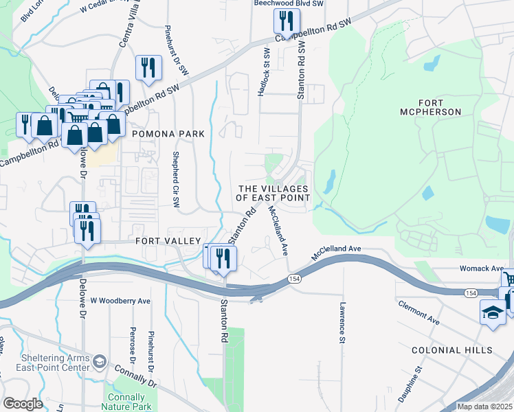 map of restaurants, bars, coffee shops, grocery stores, and more near 1934 Stanton Road in Atlanta