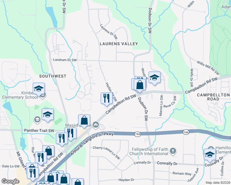 map of restaurants, bars, coffee shops, grocery stores, and more near 1940 Harbin Road Southwest in Atlanta