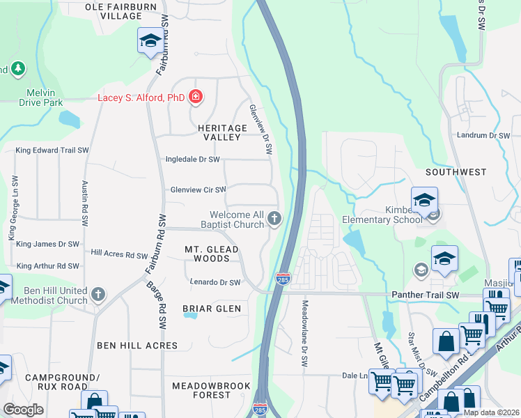 map of restaurants, bars, coffee shops, grocery stores, and more near 3320 Glenview Circle Southwest in Atlanta