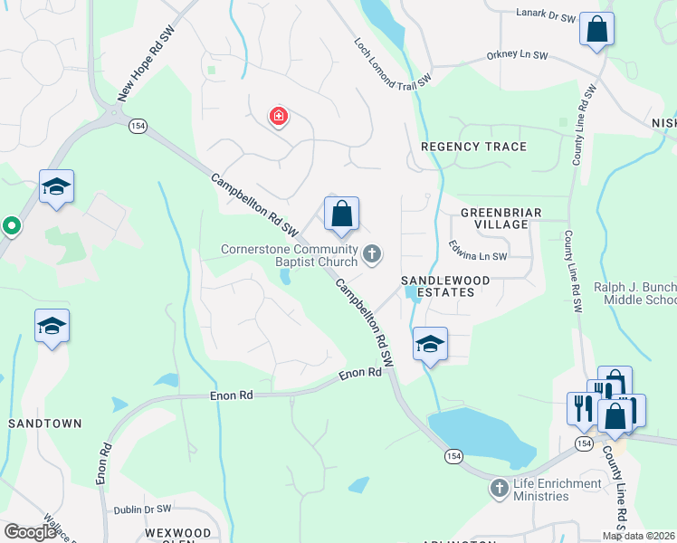 map of restaurants, bars, coffee shops, grocery stores, and more near 4895 Georgia 154 in Atlanta