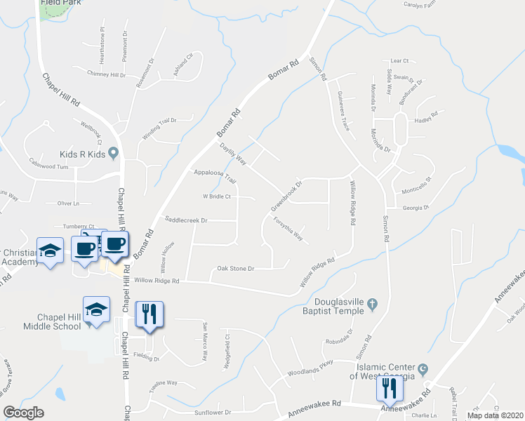 map of restaurants, bars, coffee shops, grocery stores, and more near 3837 Greenbrook Drive in Douglasville