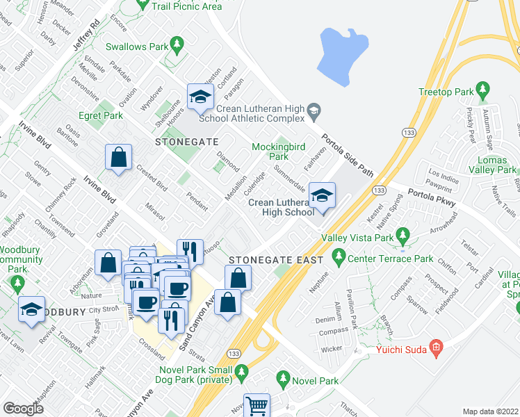 map of restaurants, bars, coffee shops, grocery stores, and more near 15201 Virtuoso in Irvine