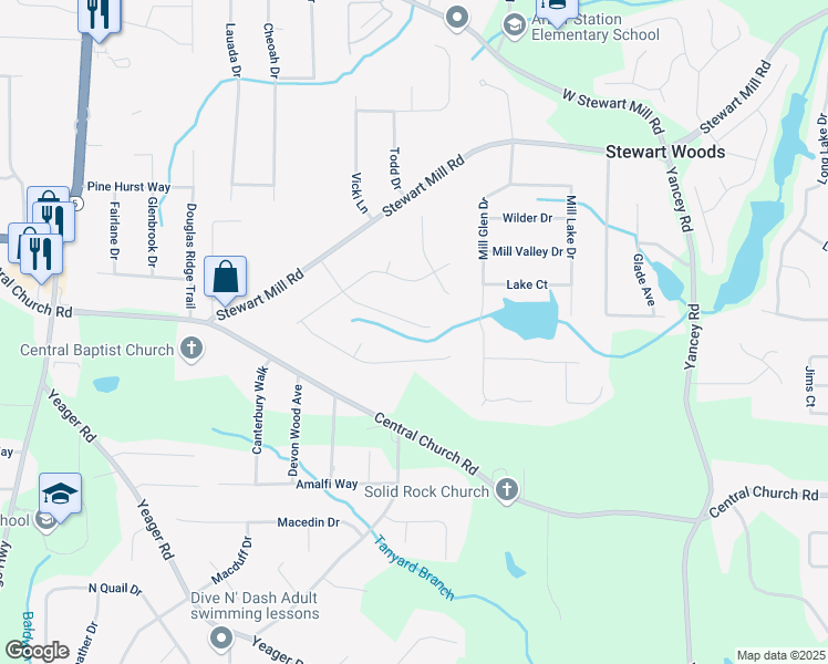 map of restaurants, bars, coffee shops, grocery stores, and more near 3861 Sugar Creek Drive in Douglasville
