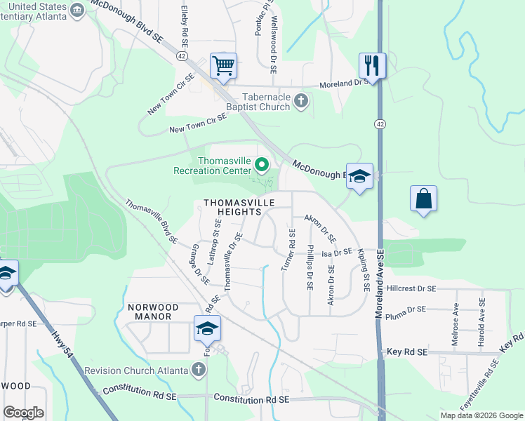 map of restaurants, bars, coffee shops, grocery stores, and more near 1847 Goddard Street Southeast in Atlanta