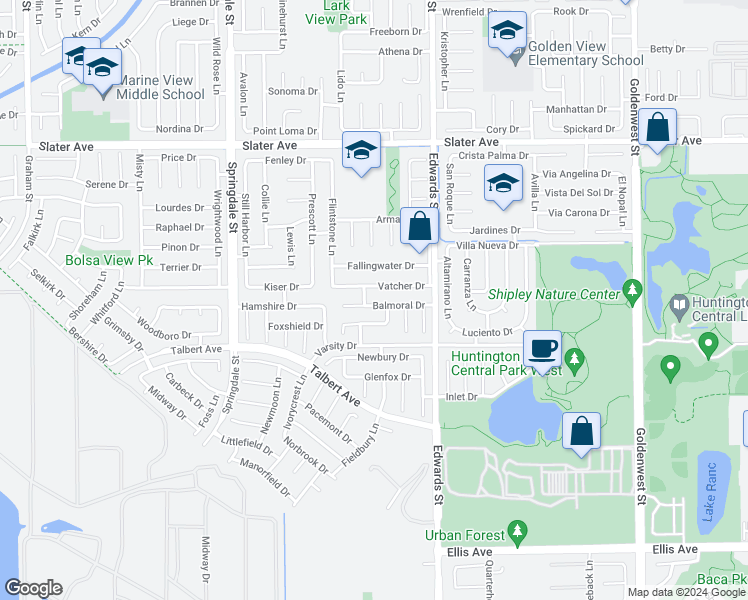 map of restaurants, bars, coffee shops, grocery stores, and more near 6331 Balmoral Drive in Huntington Beach