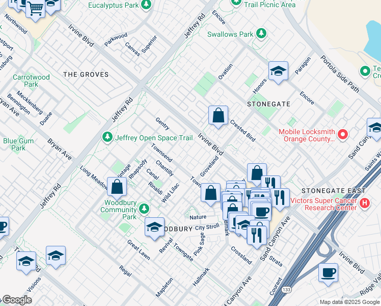 map of restaurants, bars, coffee shops, grocery stores, and more near 100 Simplicity in Irvine