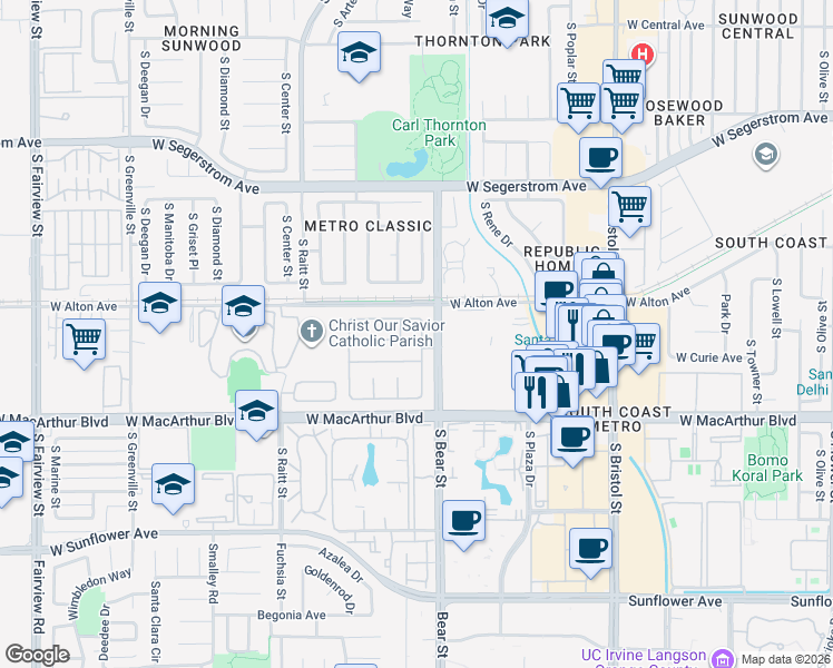 map of restaurants, bars, coffee shops, grocery stores, and more near 3401 South Sheffield Road in Santa Ana