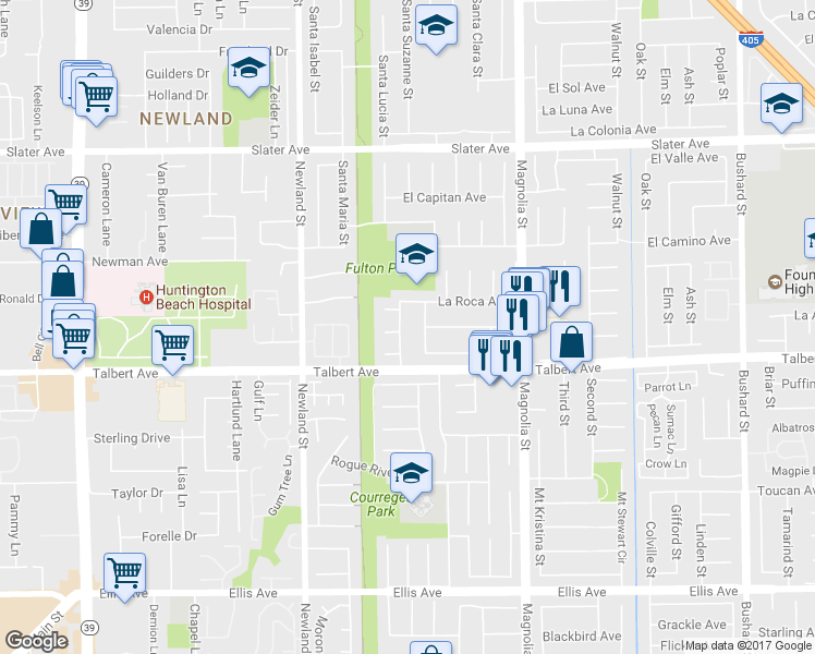 map of restaurants, bars, coffee shops, grocery stores, and more near 17906 Santa Mariana Street in Fountain Valley