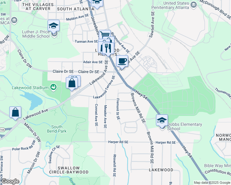 map of restaurants, bars, coffee shops, grocery stores, and more near 1891 Fremont Street Southeast in Atlanta