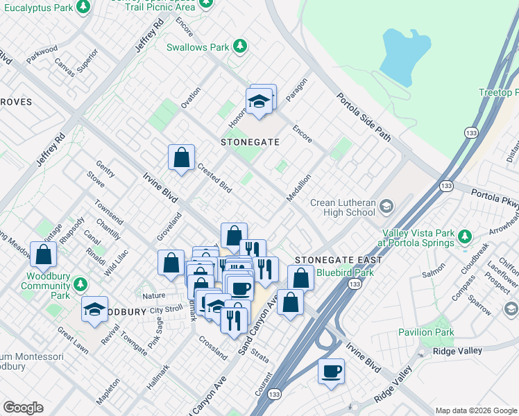 map of restaurants, bars, coffee shops, grocery stores, and more near 106 Pendant in Irvine