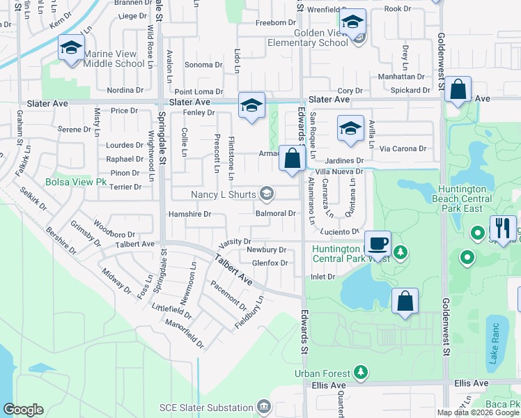 map of restaurants, bars, coffee shops, grocery stores, and more near 6331 Balmoral Drive in Huntington Beach