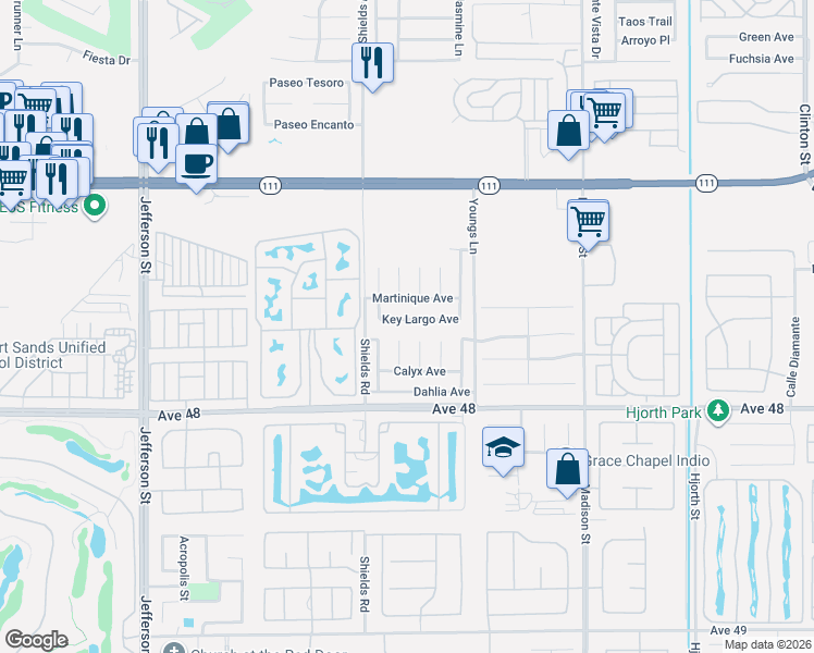 map of restaurants, bars, coffee shops, grocery stores, and more near 80543 Key Largo Avenue in Indio