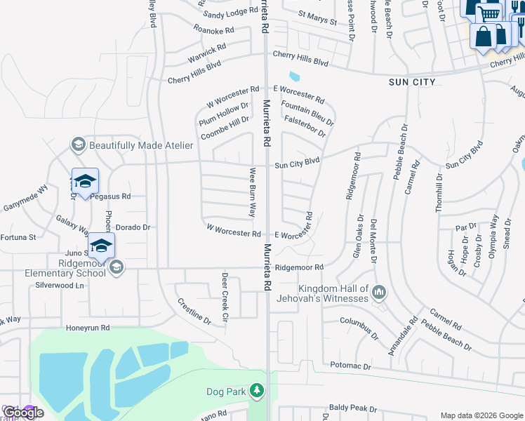 map of restaurants, bars, coffee shops, grocery stores, and more near 25881 Morgantown Way in Menifee