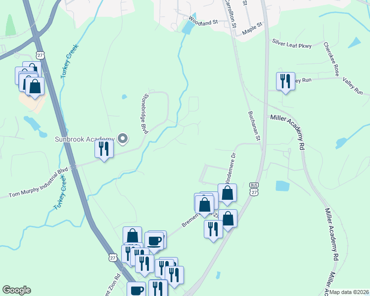 map of restaurants, bars, coffee shops, grocery stores, and more near 408 Creek View Court in Bremen