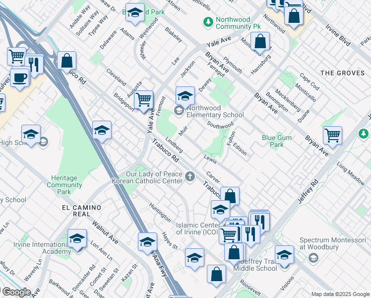 map of restaurants, bars, coffee shops, grocery stores, and more near 3 Earhart in Irvine