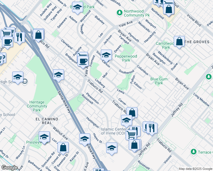 map of restaurants, bars, coffee shops, grocery stores, and more near 3 Earhart in Irvine