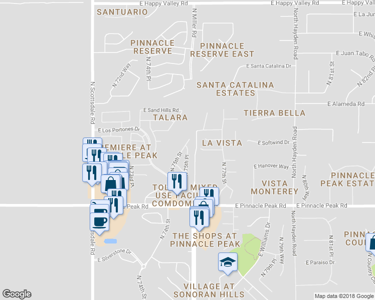 map of restaurants, bars, coffee shops, grocery stores, and more near 23840 North 75th Place in Scottsdale