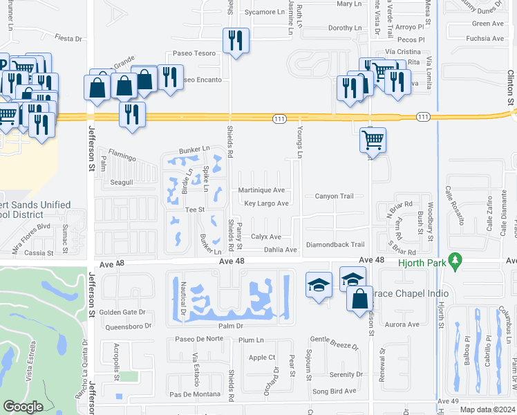 map of restaurants, bars, coffee shops, grocery stores, and more near 80543 Key Largo Avenue in Indio