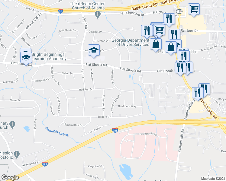 map of restaurants, bars, coffee shops, grocery stores, and more near 2657 Bull Run Drive in Decatur