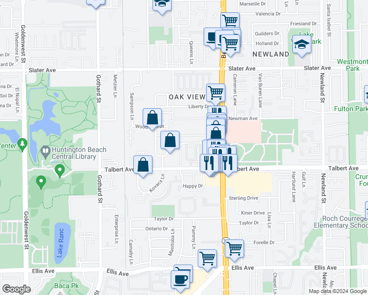 map of restaurants, bars, coffee shops, grocery stores, and more near 17951 Baron Circle in Huntington Beach