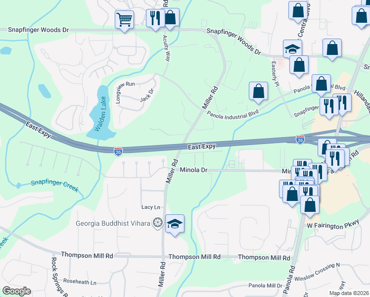 map of restaurants, bars, coffee shops, grocery stores, and more near Miller Grove Road in Stonecrest