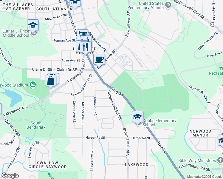 map of restaurants, bars, coffee shops, grocery stores, and more near 1909 Browns Mill Road Southeast in Atlanta