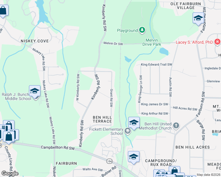 map of restaurants, bars, coffee shops, grocery stores, and more near 1942 Grant Road Southwest in Atlanta